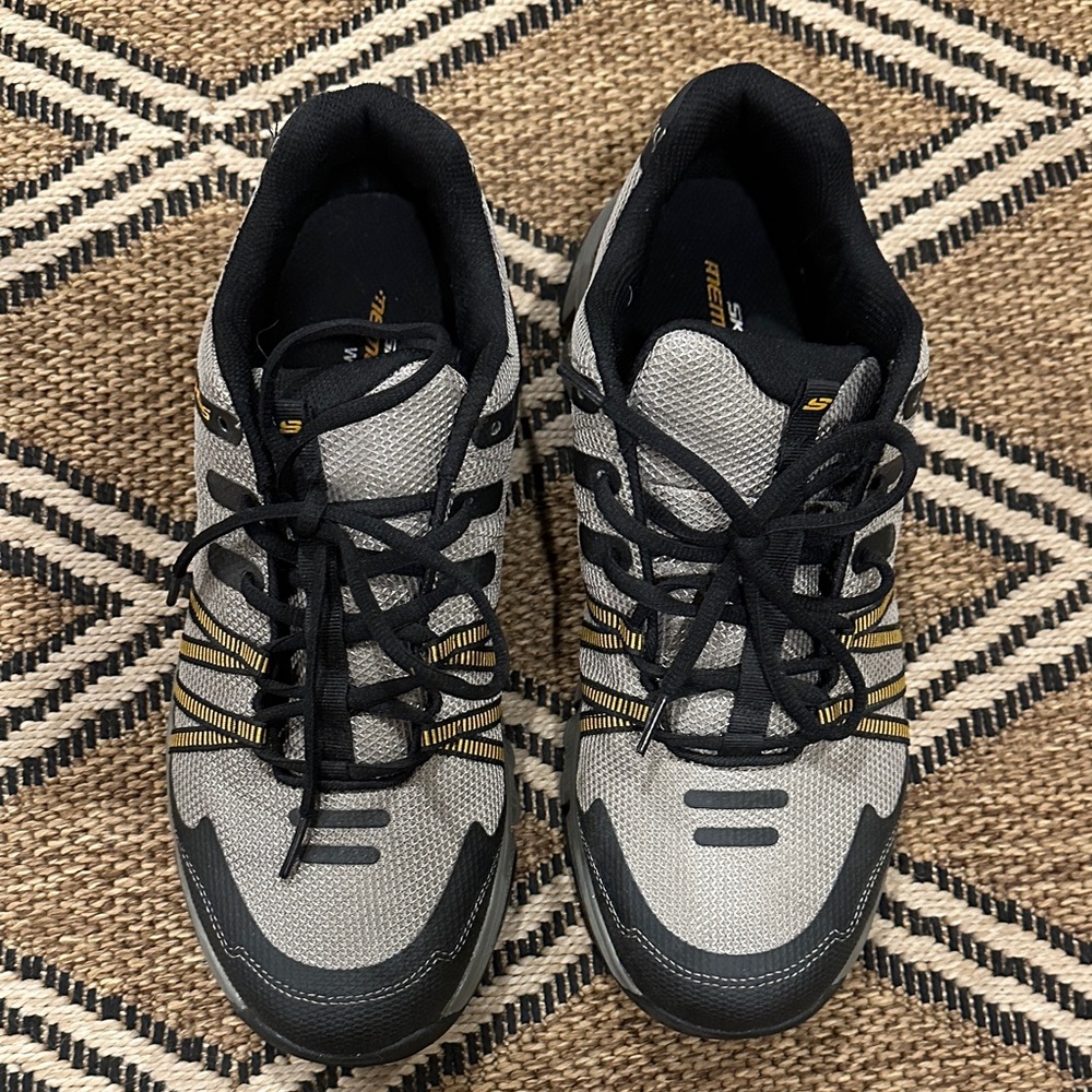 Skechers Gray and Black Athletic Shoes with Yellow Accents